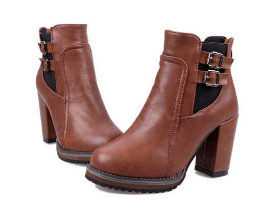 Women Shoes Buckle  Ankle Boots PU leather Round Toe Square High Heel Ladies Shoes
