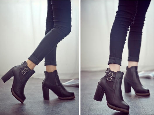 Women Shoes Buckle  Ankle Boots PU leather Round Toe Square High Heel Ladies Shoes