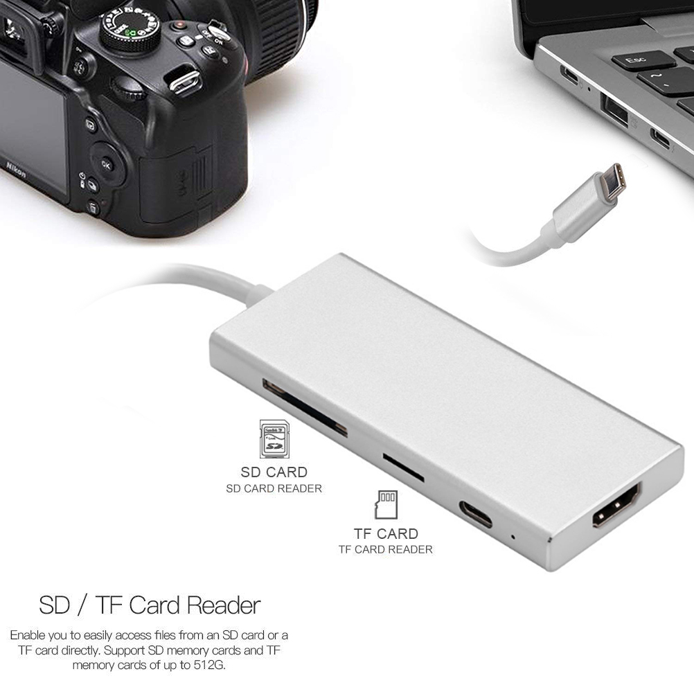 USB C Hub, 7 in 1 Multiport Adapter, USB 3.0 ports, HDMI, Card Reader, PD 2.0 Charging Port