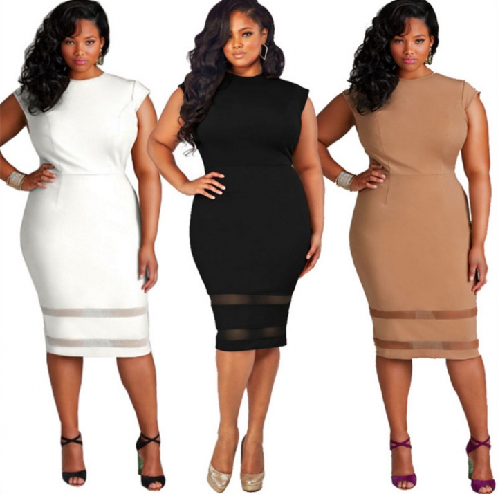 Pure color Patchwork Net yarn Elegant Business Party Formal Office Plus Size Pencil Work Dresses