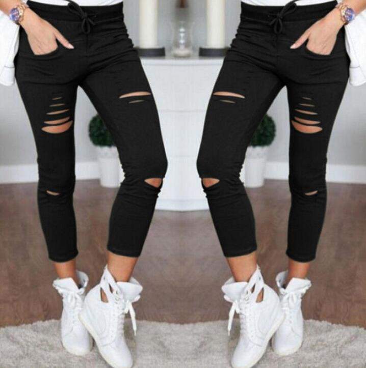 Skinny Jeans Women Denim Pants Holes Destroyed Knee Pencil Pants Casual Trousers  Stretch Ripped