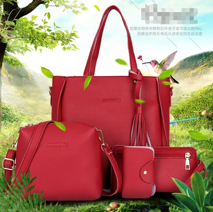 Women Bag 4 Set Top-Handle Big Capacity Female Tassel Handbag Purse Ladies PU Leather Crossbody Bag