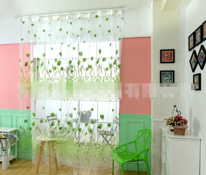 Cute Willow leaf /tulip Tulle Curtains Blinds Voile Pastoral Style Willow Floral Decorative cortinas