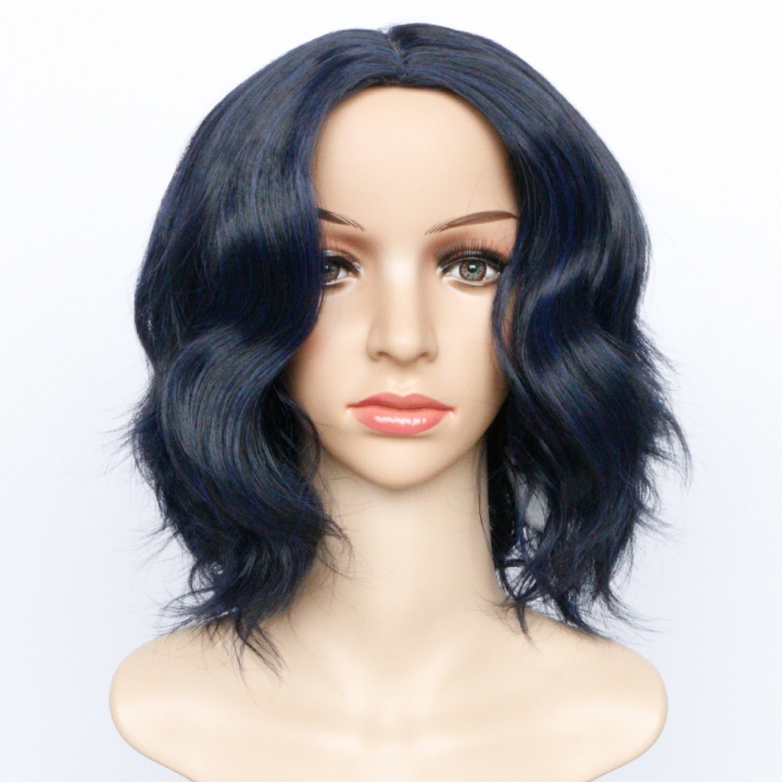 Short hair, medium length, straight hair, chemical fiber, Blue Black Short Wig head.