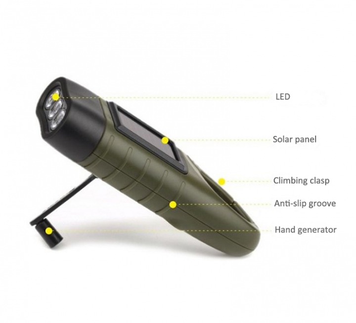 ADRA Portable Solar Flashlight With Hand Crank Mountaineering Buckle For Cycling Self-defense