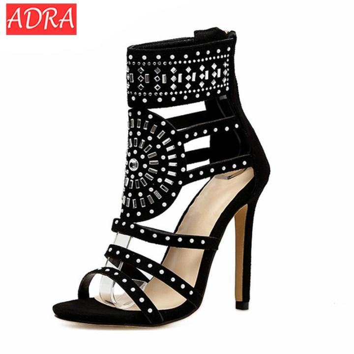 35-42 Women Sandals Open Toe High Heels Hollow Gladiator Sandalias Rhinestone Crystal Diamond Shoes