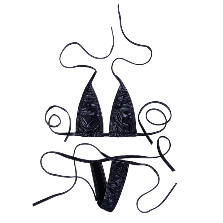 Three Point Faux Leather Sexy Women Costume Temptation Bikini Lingerie Bra Underwear Suit G-String
