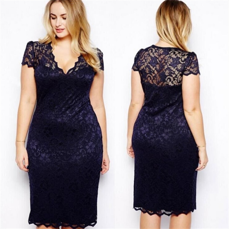 S-5XL Big Size Dresses  Elegant Short Sleeve Midi Lace Dress Women Office Work Dresses Party Vestido