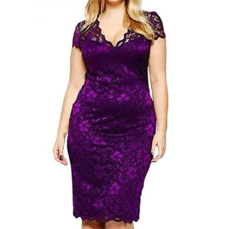 S-5XL Big Size Dresses  Elegant Short Sleeve Midi Lace Dress Women Office Work Dresses Party Vestido