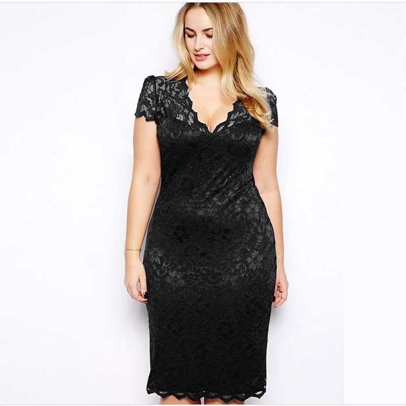 S-5XL Big Size Dresses  Elegant Short Sleeve Midi Lace Dress Women Office Work Dresses Party Vestido