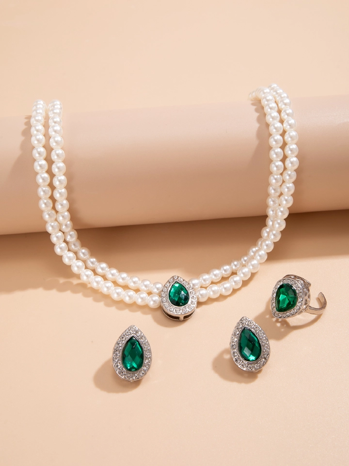3pcs/set Fashion women Jewelry 2024 new item retro imitation pearl multi-layer choker green rhinestone light luxury French necklace for women