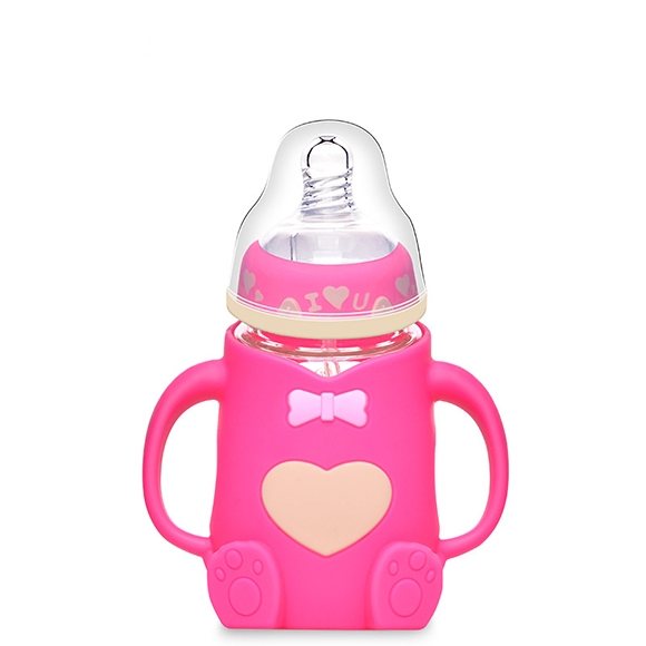 Cute Wide Mouth Feeding nursing milk baby’s glass bottle with handle and silicone protective cover