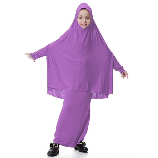 Highly elastic Kids Muslim girl dress Robes Long Bat-Wing Sleeves Straight Skirt Suit clothes Abaya