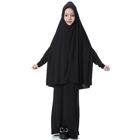 Highly elastic Kids Muslim girl dress Robes Long Bat-Wing Sleeves Straight Skirt Suit clothes Abaya