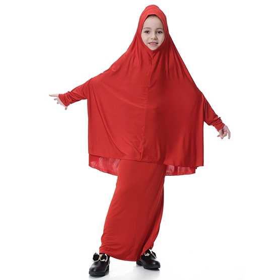Highly elastic Kids Muslim girl dress Robes Long Bat-Wing Sleeves Straight Skirt Suit clothes Abaya