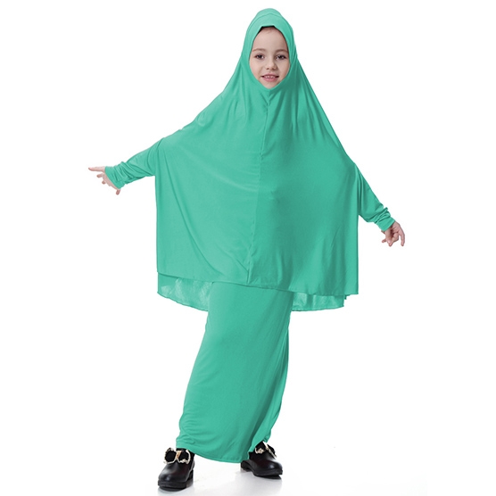Highly elastic Kids Muslim girl dress Robes Long Bat-Wing Sleeves Straight Skirt Suit clothes Abaya