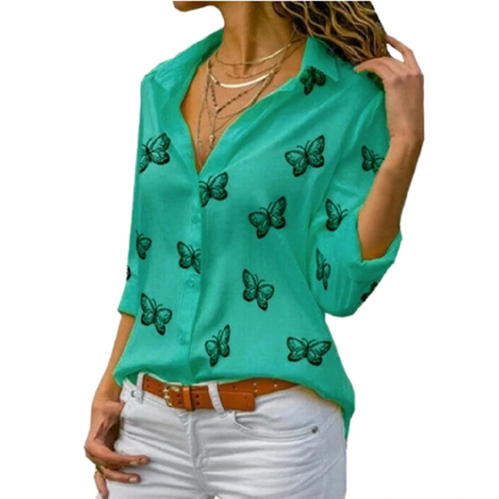 Spring And Summer In Europe And The United States Multicolored Butterfly Print Blouse With Loose Lapel