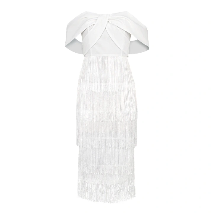 White tassel dress sexy one line shoulder bag hip evening dress