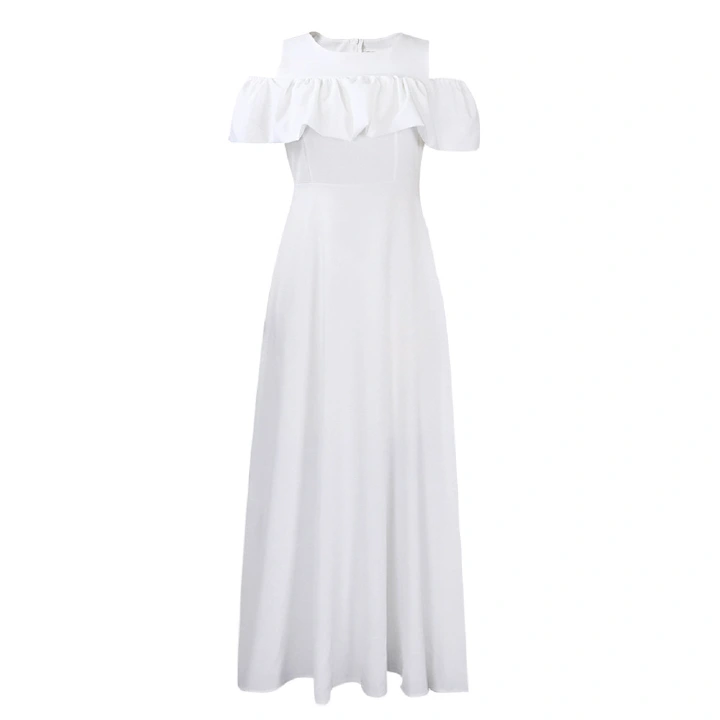 2022 summer new round collar shoulder temperament short sleeve fold waist long skirt Europe and the United States dress