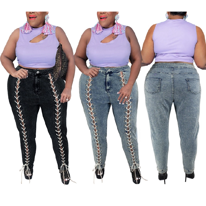 Cross-border plus size women's summer new double row chicken eye wearing rope jeans for women Trousers