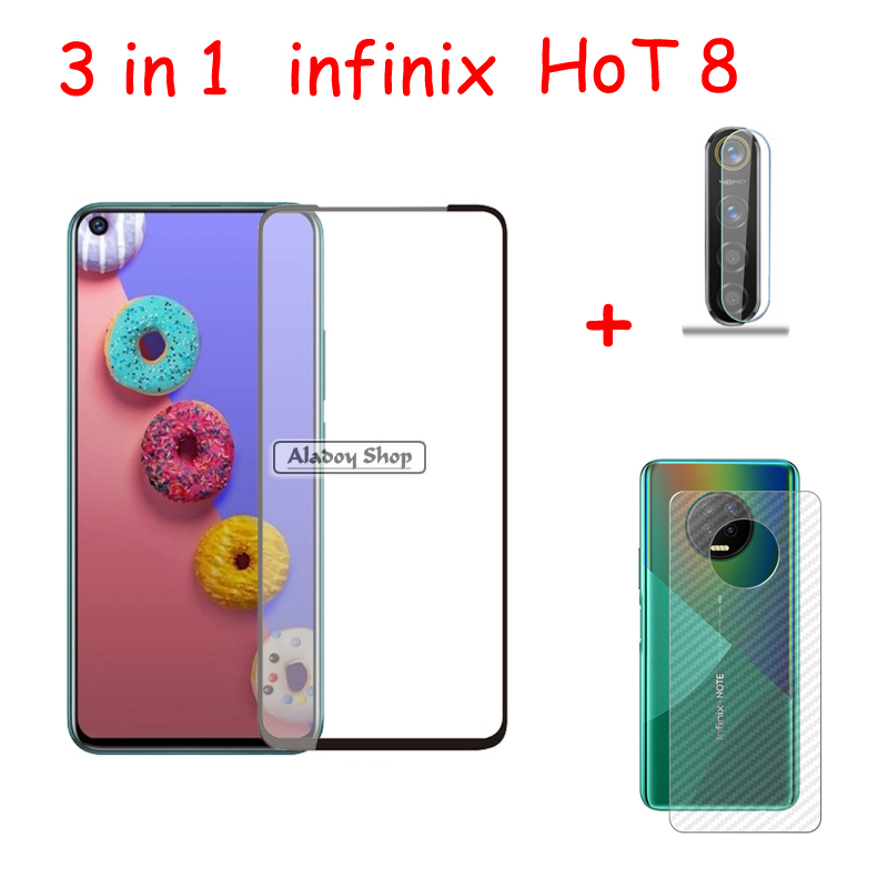 (3IN1) For infinix Hot 8 Screen Protector Tempered Glass Full Screen + Carbon Fiber Film + lens film