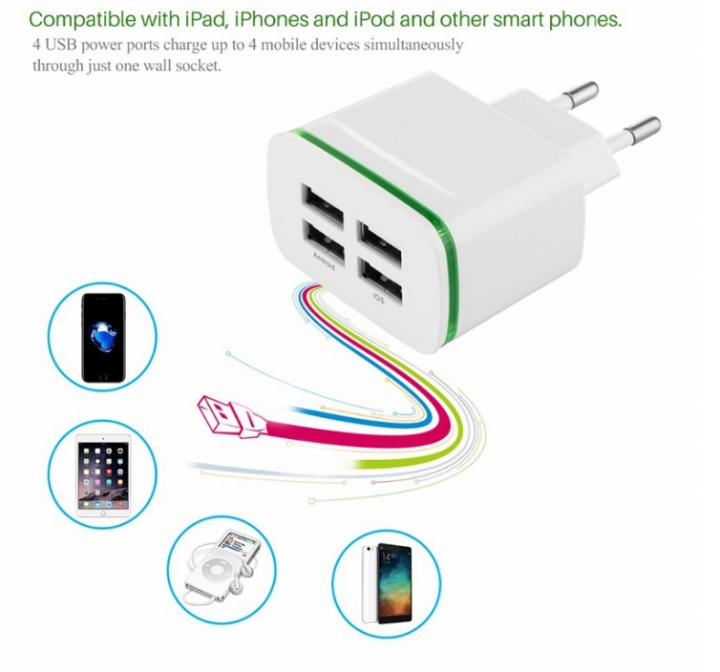 4 USB Phone Charger 5V 4A USB Charge Adapter With LED Light For iPhone Samsung  All Kind MobilePhone