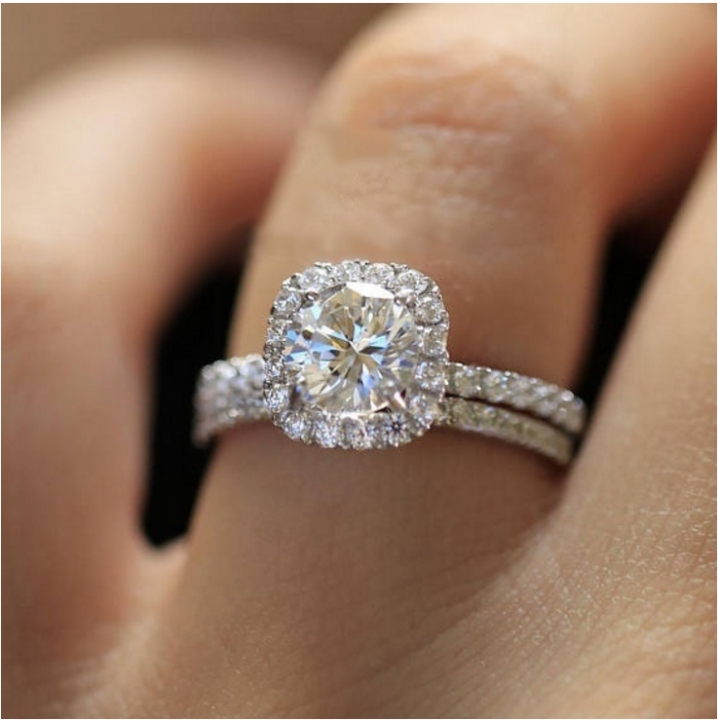 Round Created Simulated Diamond Halo Engagement Ring Set Silver Bridal Wedding Rings Jewelery