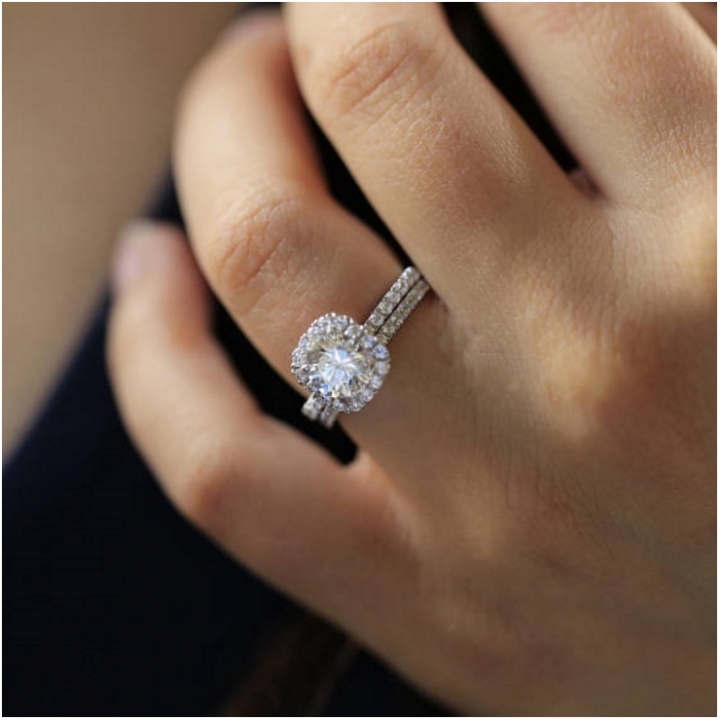 Round Created Simulated Diamond Halo Engagement Ring Set Silver Bridal Wedding Rings Jewelery