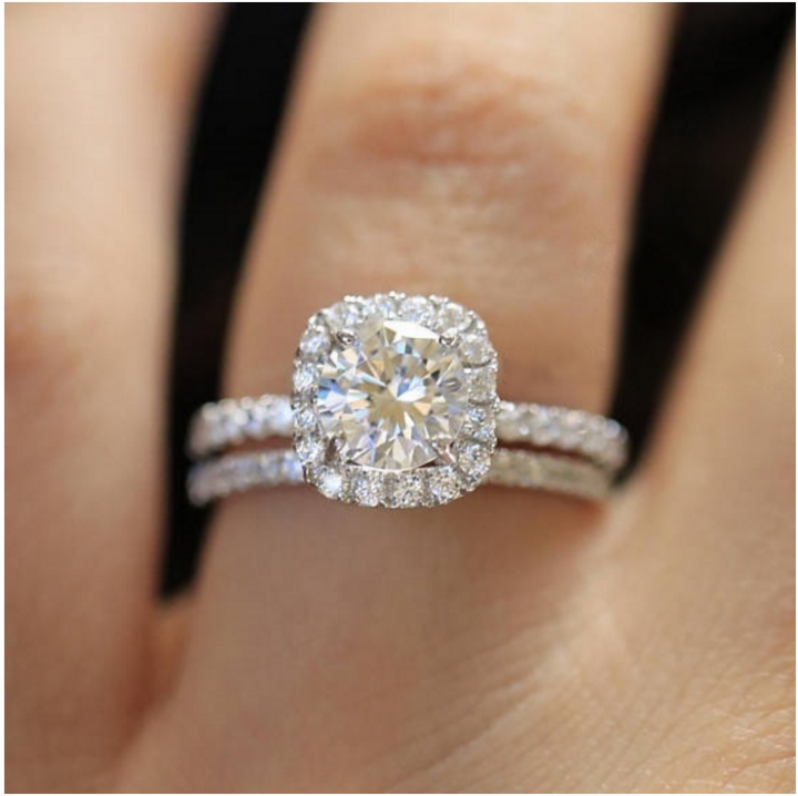 Round Created Simulated Diamond Halo Engagement Ring Set Silver Bridal Wedding Rings Jewelery
