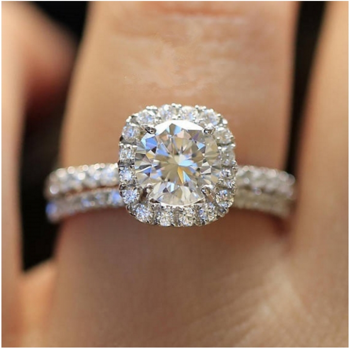 Round Created Simulated Diamond Halo Engagement Ring Set Silver Bridal Wedding Rings Jewelery
