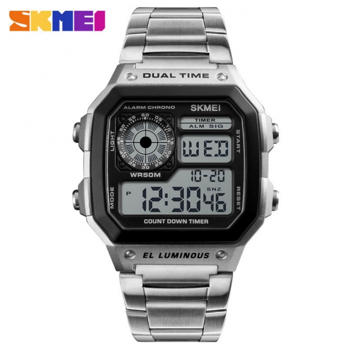 SKMEI Men Sports Watches Countdown Waterproof Watch Stainless Steel Fahion Digital Wristwatches Male