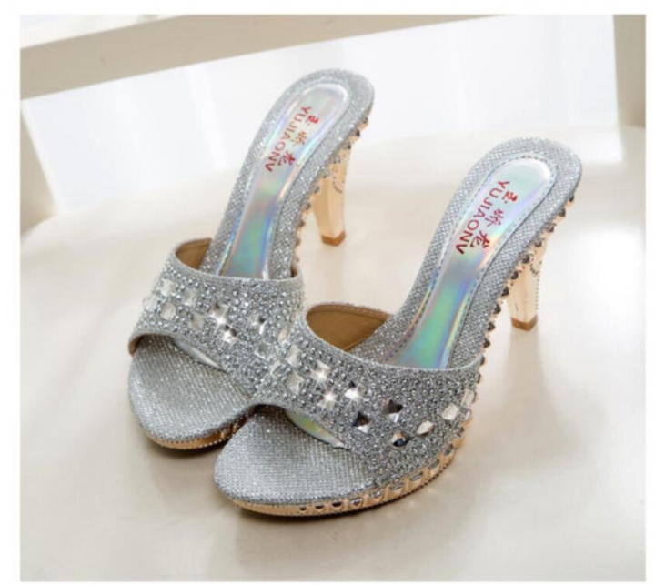 M&amp;J Fashionable Rhinestone Embellishment Open Toe Thick High Heels Women Slippers Women