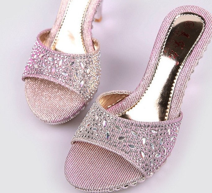M&amp;J Fashionable Rhinestone Embellishment Open Toe Thick High Heels Women Slippers Women