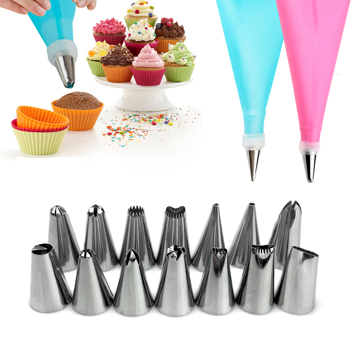 M&amp;J 8/14/18PCS DIY Cake Decorating Tools Silicone Icing Piping Cream Pastry Bag Stainless Steel