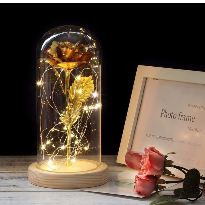 LED Gold Rose In Glass Dome Beauty And The Beast Rose Decorative Flowers Birthday Valentine's Gifts