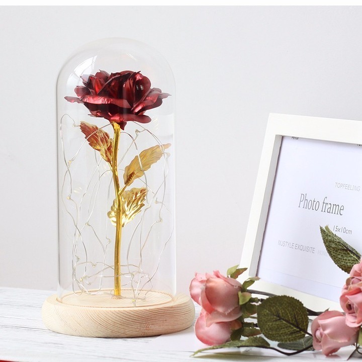 LED Gold Rose In Glass Dome Beauty And The Beast Rose Decorative Flowers Birthday Valentine's Gifts
