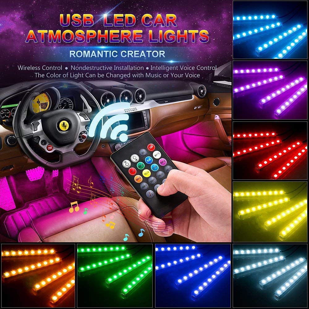 4Pcs Car Atmosphere Lamp Voice Control 9 LED Strip Lights Auto Car Decoration Light  Music Light