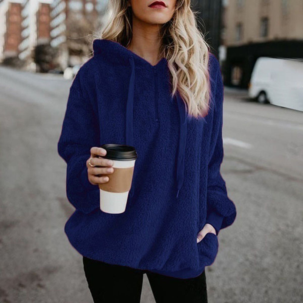 Hot Sale Women Sexy Solid Fluffy Warm Tops Hoodies Ladies Hooded Pullover Hoodie Sweatshirt