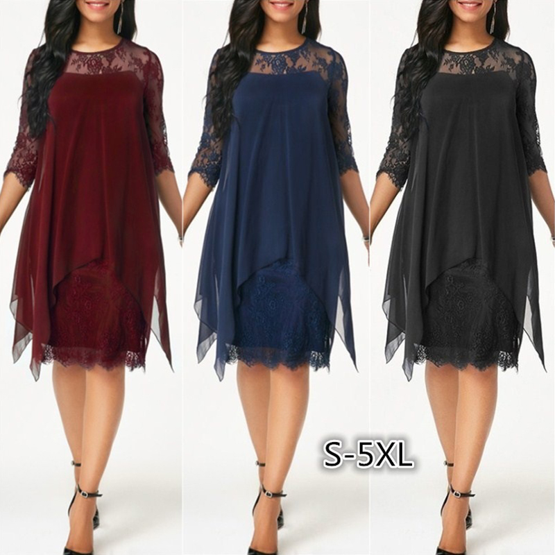 Plus Size Chiffon Dresses Women Office Lady Dress Fashion Chiffon Overlay Three Quarter Sleeve Irregular Lace Dress