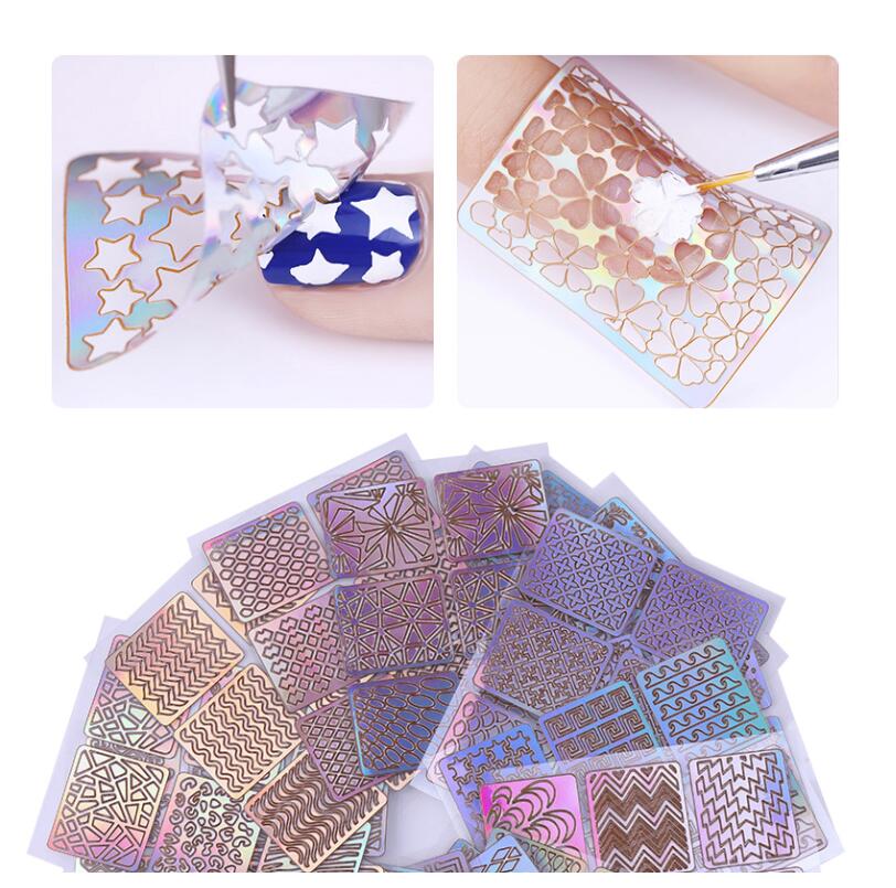 6/12/24 Sheets Nail Art Hollow Laser Sticker Gel Polish Nail Vinyl Tip Guide Template Nail Kit view 2