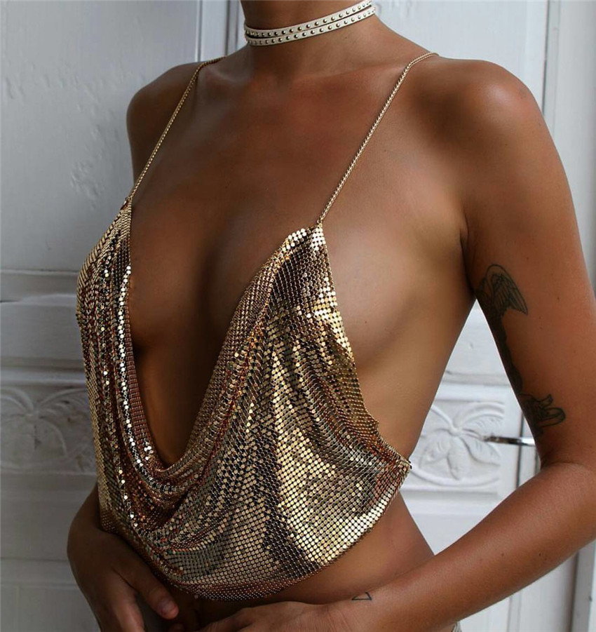 Sexy Backless Sequins Women Crop Tops Halter Tank Camis Cropped Bra Crop Top Strap Ladies Party Vest