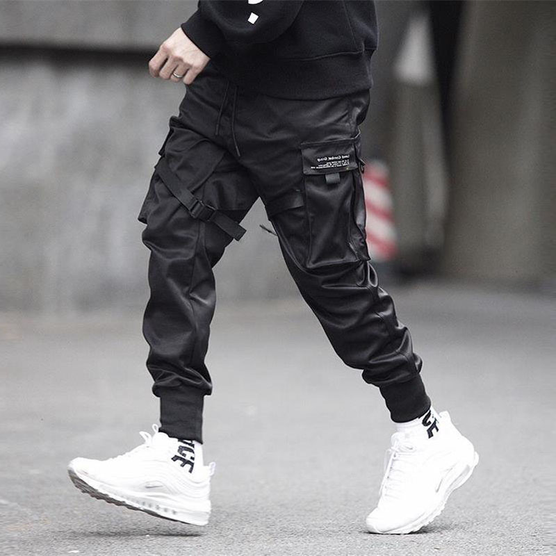 Men Ribbons Color Block Black Pocket Cargo Pants Harem Joggers Harajuku Sweatpant Hip Hop Trousers