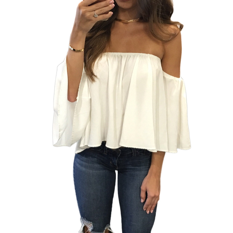 Women Off Shoulder Ladies Tops Pullover Casual Blouse Hals Langarm Chiffon Schulter Chiffon Blouse