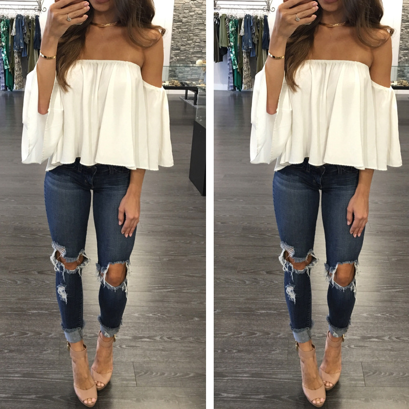 Women Off Shoulder Ladies Tops Pullover Casual Blouse Hals Langarm Chiffon Schulter Chiffon Blouse