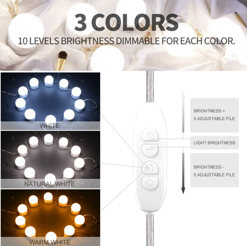 10 LEDs Bulb Makeup Mirror Light Dimmable 3 Mode LED Vanity Mirror Lamp Headlight Dresser Lamp