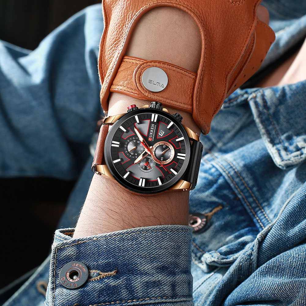 CURREN Watch Chronograph Sport Men's Watches Quartz Clock Leather Male Wristwatch Gift Sales