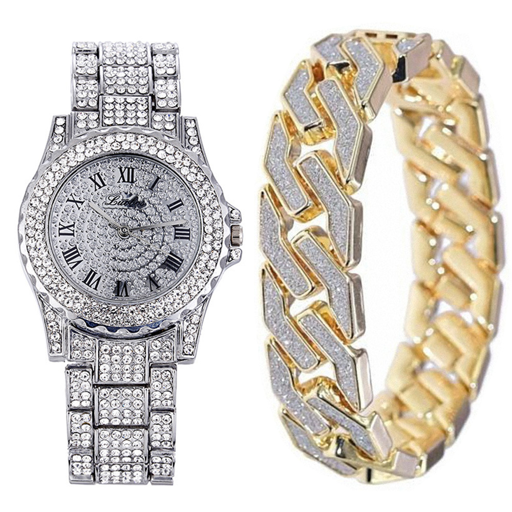 2Pcs/Set Men Bling Iced Out Paved Men's Watches + Glitter Cuban Bracelets Hip Hop Jewelry Gift