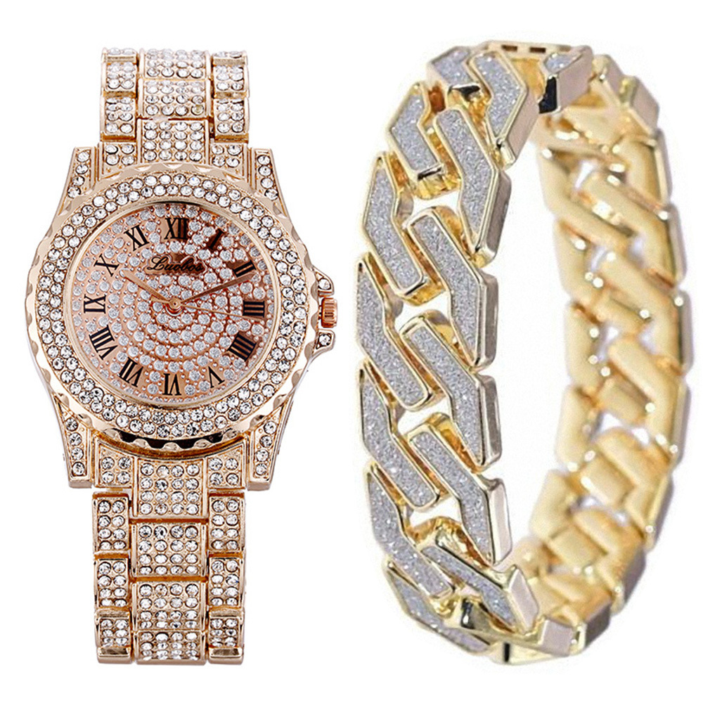 2Pcs/Set Men Bling Iced Out Paved Men's Watches + Glitter Cuban Bracelets Hip Hop Jewelry Gift