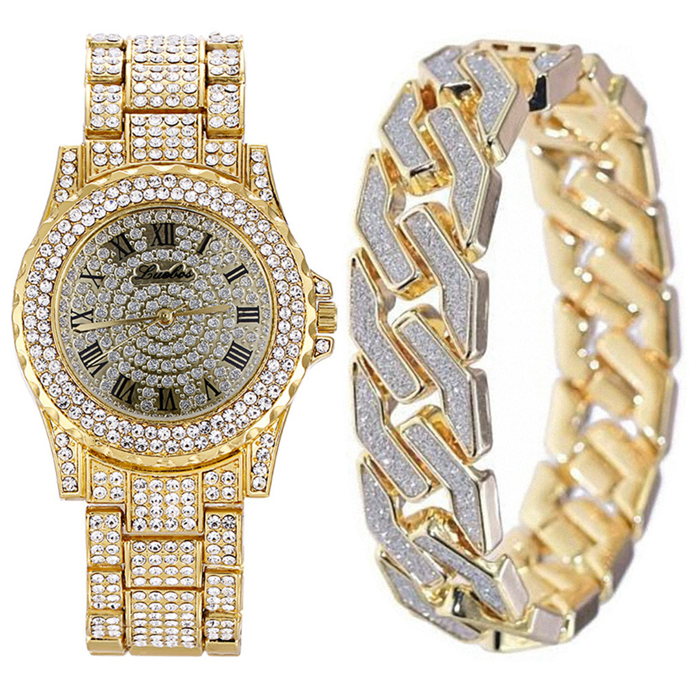 2Pcs/Set Men Bling Iced Out Paved Men's Watches + Glitter Cuban Bracelets Hip Hop Jewelry Gift