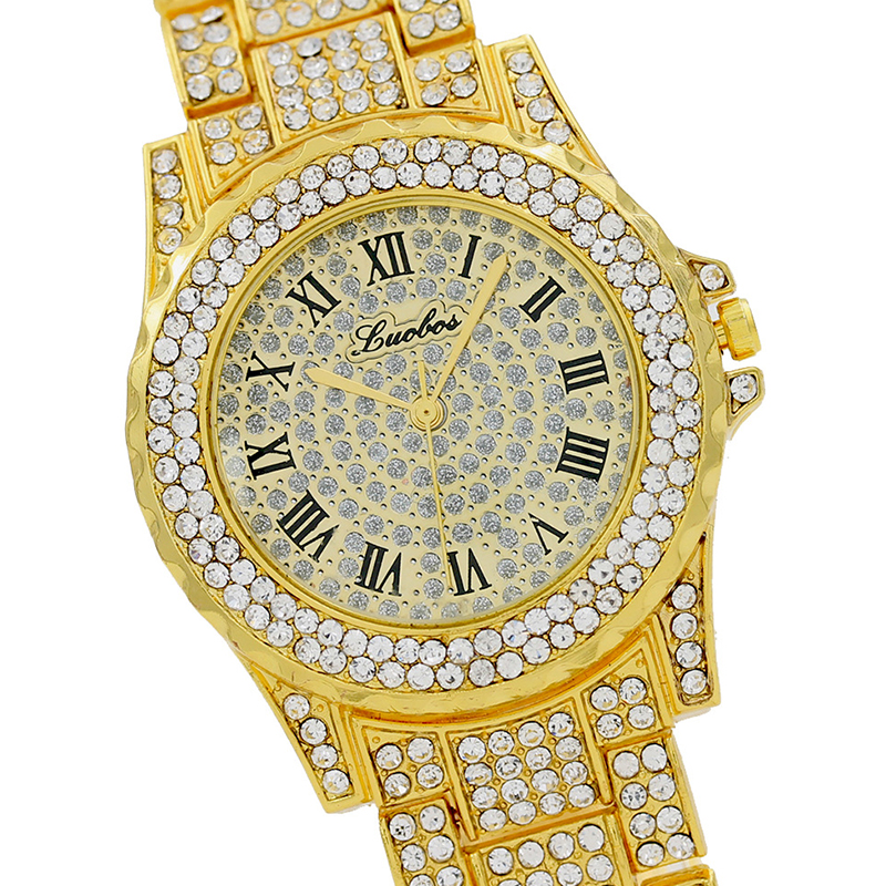 2Pcs/Set Men Bling Iced Out Paved Men's Watches + Glitter Cuban Bracelets Hip Hop Jewelry Gift